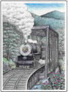 Baldwin Locomotive, Great Smoky Mountains Railroad, pen & ink drawing by Lee James Pantas